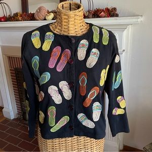 Michael Simon Black Cardigan with Colorful Flip-Flop Design